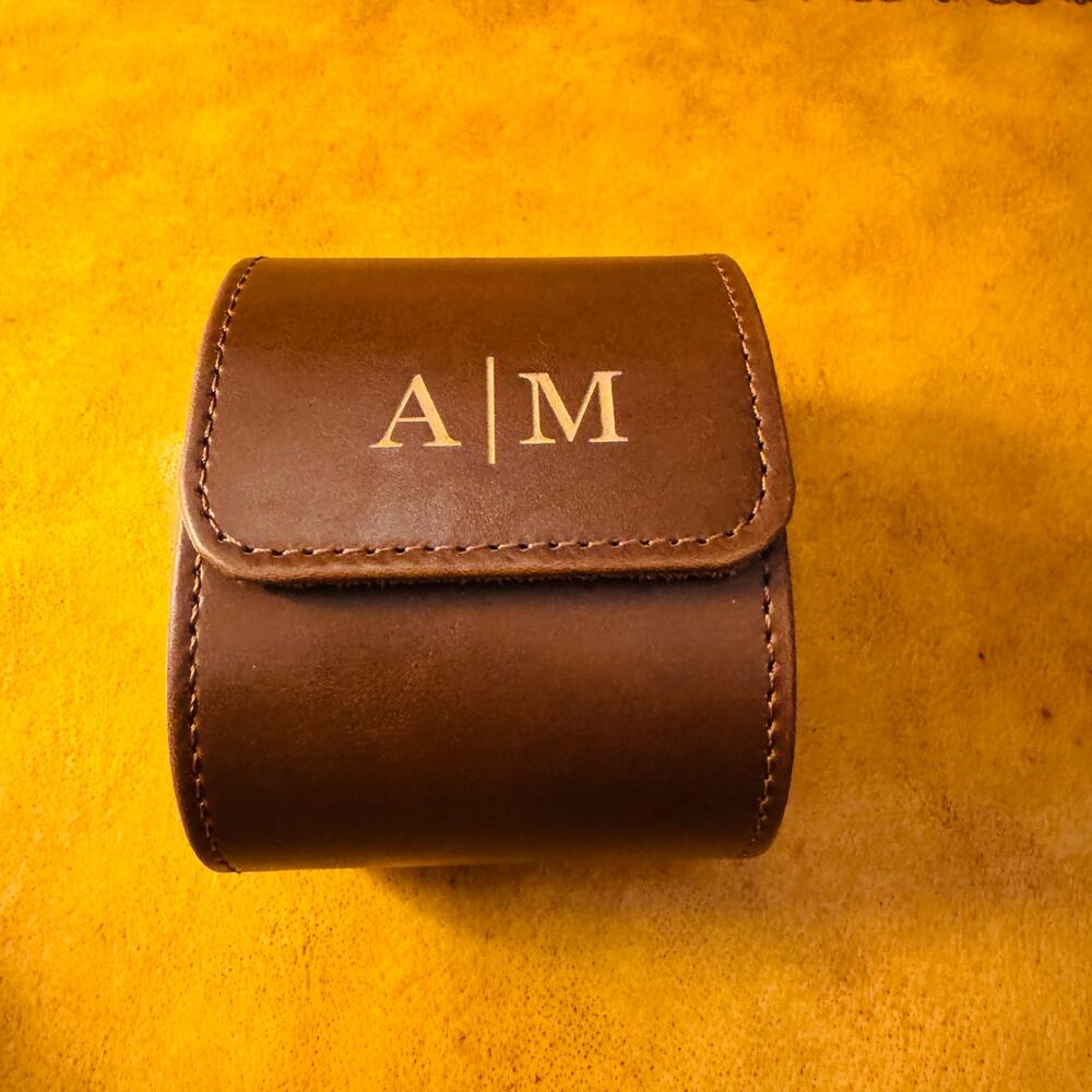 Leather Engraved Personalized Travel Brown Gold Watch Holder Case NEW in Box